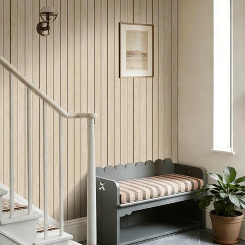 Arthome Peel and Stick Slat Wall Panels 15.7 "x400,Self-Adhesive PVC Wood Grain Wallpaper Panel,3D Thick Faux Soundproof Backsplash Accent Wall Tile for Walls & Furniture (Beige- Coverage 43.6 Sq.ft) - color: Beige, size: 15.7" x 400"