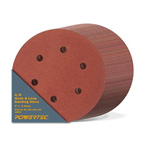 POWERTEC 40/80/120/220/320 Grit, 100 PK, 6 Inch Sanding Discs – Hook and Loop, 6-Hole Aluminum Oxide Orbital Sander Pads, Round Sandpaper for Random Orbital, Air, Pneumatic & DA Sanders (45200)