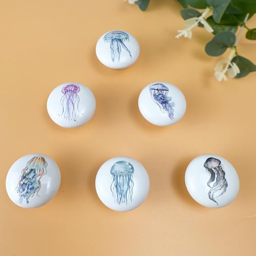 Set of 6 Ceramic Beach Coastal Themed Cabinet Drawer Dresser Knobs Octopus Door Handle and Pulls 1.5 X 1.5 Inches - size: jellyfish