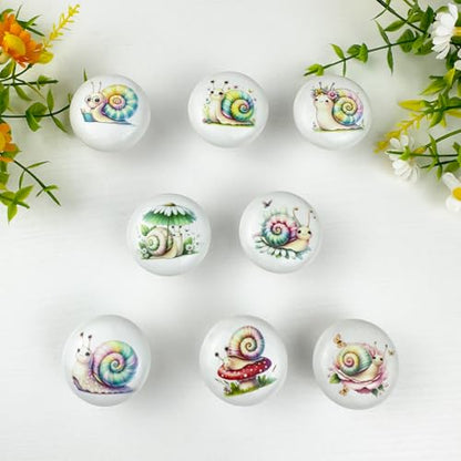 1.5" 8PCS Ceramic Round Cute Fun Unique Cupboard Cabinet Nursery Kids Drawer Dresser Knobs Snail Animal Decorative Drawer Pulls