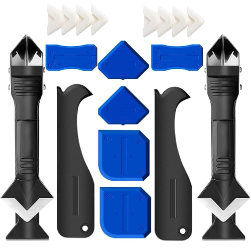 Silicone Caulking Tool Kit, 3 in 1 Caulk Remover Tool and Sealant Scraper with 5 Smoothing Pads, Caulk Finishing Tool for Bathroom, Kitchen, Window, Sink and Tile Seams(2 sets)