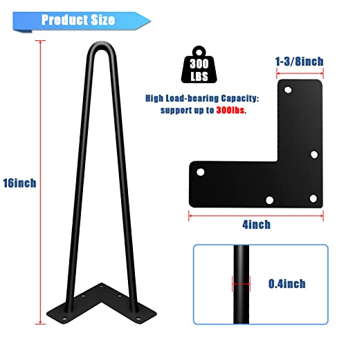 Hairpin Legs 16", Black Metal Furniture Legs for Table Bench, Set of 4 - size: 16inch