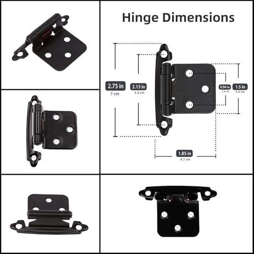 Decobasics 1/2" Overlay Matte Black Cabinet Hinges (5 Pair -10 Pcs) Self Closing Bath & Kitchen Cabinet Hinges Black Flush Mount w/Door Bumpers & Upgraded Screws - color: Matte Black, size: 10 Pack