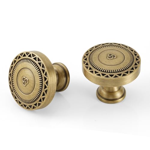 2 Pack Solid Brass Cabinet Knobs, Industrial Style Drawer Knobs, Brushed Antique Brass Cabinet Knobs for Kitchen, Bathroom, and Furniture - size: Knob-B