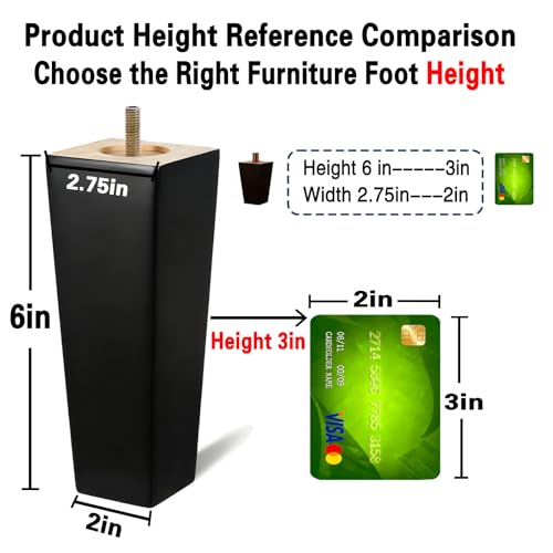 SHANJUE Black Sofa Legs-Furniture Legs 6 inch,Square Couch Legs Pack of 4 - size: 6 inch