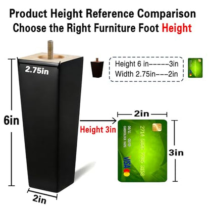 SHANJUE Black Sofa Legs-Furniture Legs 6 inch,Square Couch Legs Pack of 4 - size: 6 inch