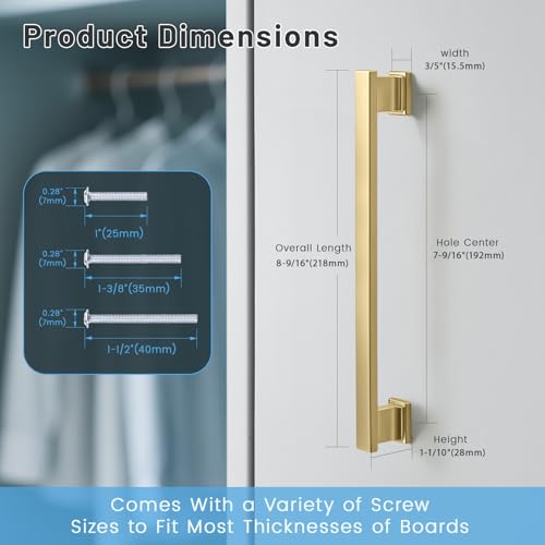 KNOBWELL 6 Pack Brushed Gold Solid Cabinet Pulls 7-9/16 Inch(192mm) Hole Center Kitchen Cabinet Handles,Cabinet Hardware for Cupboard Drawer Pulls - color: Brushed Gold, size: Hole Center：7-9/16 inch（192mm）