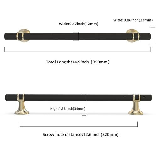 10 Pack 12-5/8 Inch Cabinet Pulls knurled Matte Black and Brushed Gold Kitchen Cabinet Handles Aluminum and Zinc Alloy Drawer Pulls Solid Cabinet Hardware - color: Black and Brushed Gold Knurled, size: 12-5/8'' Hole Center(320mm)