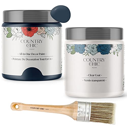 Chalk Style Paint + Clear Coat + Paint Brush Bundle - for Furniture, Home Decor, Crafts (Color: Peacoat [pint - 16 oz] - Navy)