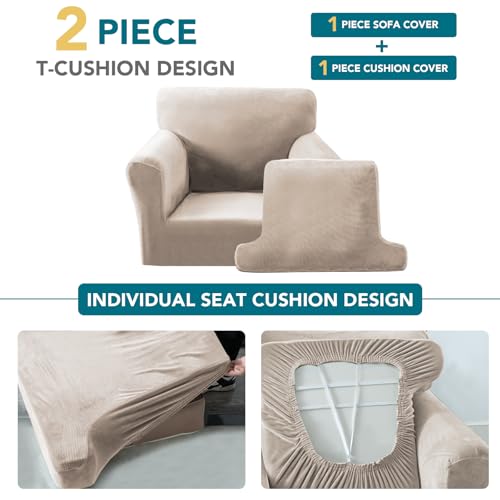 2 Pieces T Cushion Chair Covers with Arms Thick Velvet Couch Cover Stretch T Cushion Sofa Covers for Living Room Chair Cover with Individual T Cushion Covers , Washable (1 Cushion Chair, French Oak) - color: French Oak, size: Armchair (1 Cushion)