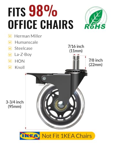 HOLKIE Office Chair Wheels Roller Blade Casters with Brake - color: Clear with brake