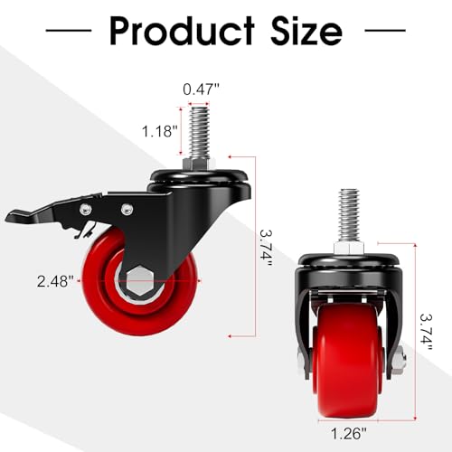 Caster Wheels, Threaded Stem Casters Set of 4 Heavy Duty,1/2"-16 x 1(Stem Diameter 1/2", Length 1"), Dual Locking Caster, Industrial Castor Wheels for Furniture,Carts - color: Black-Red
