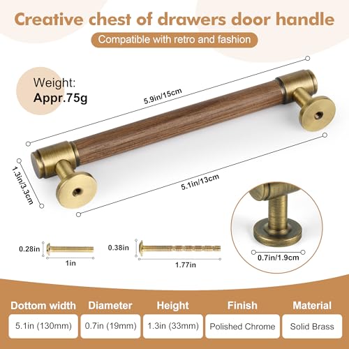 SALISENG-5 Pack Walnut Wood and Antique Brass Kitchen Cabinet Pulls,5 Inch Brass Dresser Drawer Handles, Modern Furniture Pulls for Cupboard Wardrobe Closet Cabinet Hardware - size: 5 Inch Hole Center