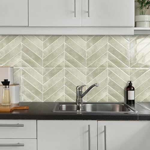 10-Sheet Herringbone Peel and Stick Backsplash Tiles, Beige - color: Beige