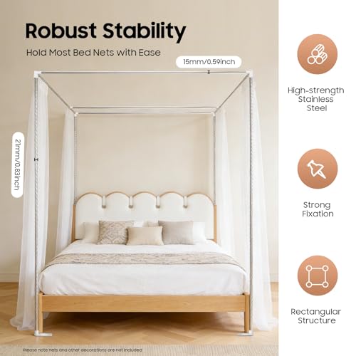 6.56x6.56x6.56Ft Canopy Bed Frame, Four Corner King Canopy Bed Frame Stainless Steel Metal Frame Bracket Tee Connectors for Bedroom Decor (White)