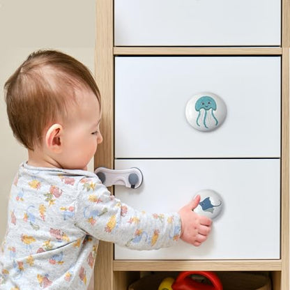 Set of 6 Ceramic Kids Nursery Cute Starfish Turtle Octopus Cabinet Door Handle Dresser Drawer Pulls and Knobs - size: seahorse
