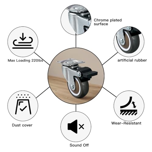 2" Caster Wheels Set of 4 Heavy Duty No Noise Castors with Brake, Locking Top Plate Casters Wheels for Small Project, Nightstand, Side Table (2 Inches with Brake) - style: 2 Inches with Brake
