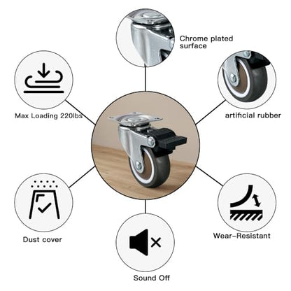 2" Caster Wheels Set of 4 Heavy Duty No Noise Castors with Brake, Locking Top Plate Casters Wheels for Small Project, Nightstand, Side Table (2 Inches with Brake) - style: 2 Inches with Brake