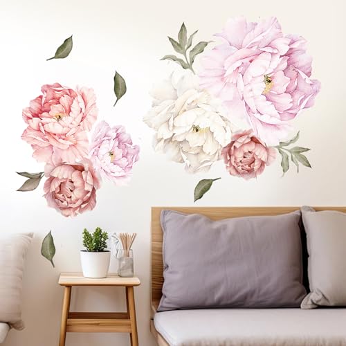 Large Floral Wall Sticker Set,Peonies Wall Decals,Pink White Flowers for Living Room Nursery Dining Space - color: Ap-wd190