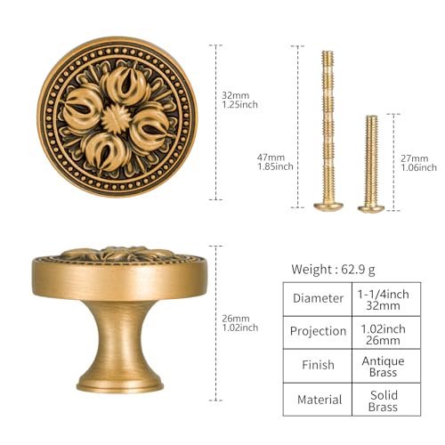 Antique Solid Brass Cabinet Knobs, 5 Pack