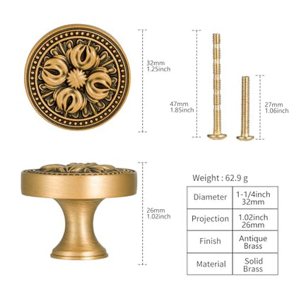 Antique Solid Brass Cabinet Knobs, 5 Pack