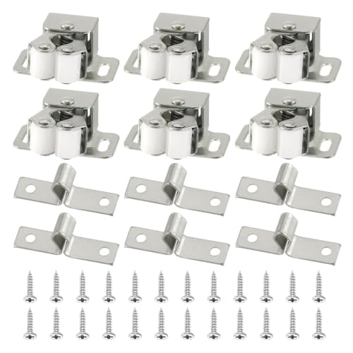 PATIKIL Cabinet Latch Double Roller Catches, 6 Pcs Stainless Steel Cabinet Door with Screws Spring Bead Hardware Latches with Spear Strike for Cupboard Wardrobe Pcs, Silver - color: Silver Tone
