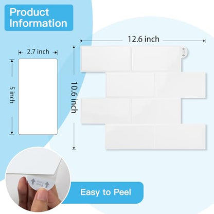 Art3d Faux Ceramic Subway Tile Peel and Stick Backsplash, 10-Pack, White - color: White
