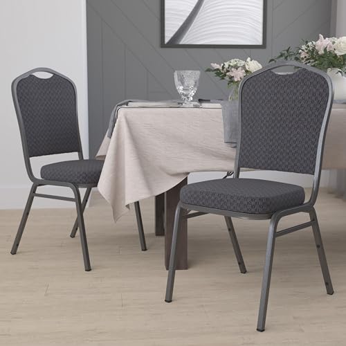 EMMA + OLIVER Black Crown Back Stacking Banquet Chair - color: Black Patterned Fabric/Silver Vein Frame