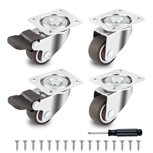HOWDIA 1.5" Caster Wheels Low Profile Casters Set of 4 Heavy Duty, 360 Degree Rotation Furniture Casters Top Plate Soft Rubber Wheels for Furniture, 150 Lb Total Capacity(2 with Brakes & 2 Without) - style: 1.5" Square