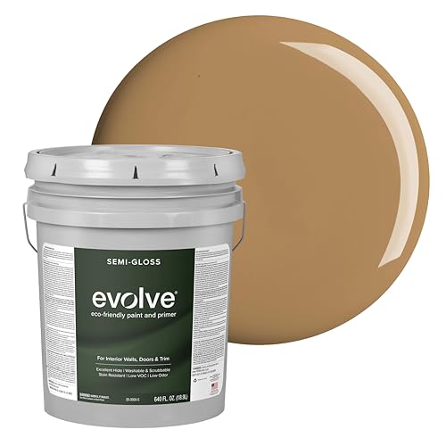 Evolve Interior Paint & Primer, Four Sheens, 1-Gallon & 5-Gallon, Designer Curated Color Palette – One-Coat Coverage, Excellent Hide, Low VOC, Low Odor, Washable Paint for Walls, Ceilings & Trim - Semi-Gloss Sheen (Autumn Brown, 5-Gallon (640 fl. Oz.)) -