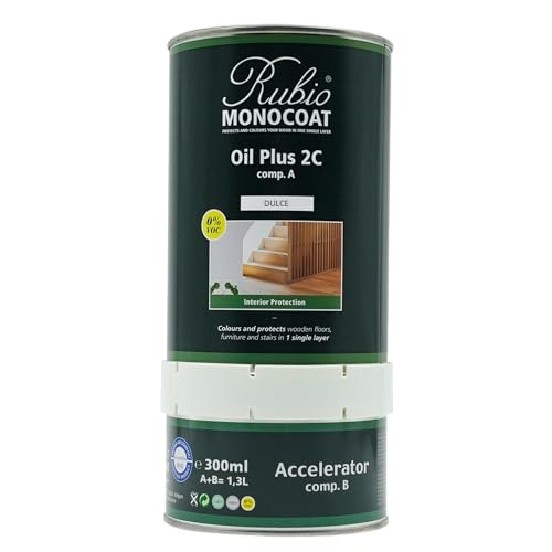 Rubio Monocoat Wood Stain & Finish 650 ft² | Oil Plus 2C | Quick-Dry, Eco-Friendly Linseed Wood Oil for Indoor Use, Includes Accelerator (Part B) | Protector | 1.3 L, Dulce - color: Dulce, size: 1.3 Liter