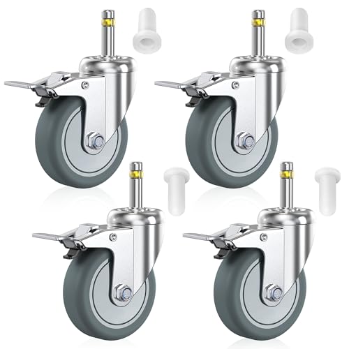 HOLKIE Stem Caster Wheels 3 inch Locking Casters Set of 4, 7/16-Inch Stem Diameter Swivel Castor Heavy Duty TPR Rubber Replacement Castors for Cart, Stool, Mop Bucket, Grill, Shop Vac - style: 3 inch-165LBS(With Brake)