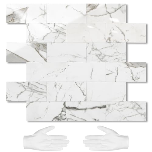 STICKGOO 10-Sheet Subway Tile Peel and Stick Backsplash, Seamless Design Glossy Carrara White Kitchen Backsplash Wall Tiles, Waterproof Stick on Tile for Bathroom, RV, Fireplace - color: Glossy Carrara White