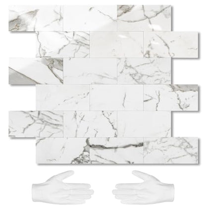 STICKGOO 10-Sheet Subway Tile Peel and Stick Backsplash, Seamless Design Glossy Carrara White Kitchen Backsplash Wall Tiles, Waterproof Stick on Tile for Bathroom, RV, Fireplace - color: Glossy Carrara White