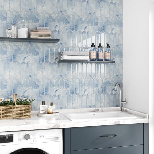 VEELIKE 6 Sheets Blue Kitchen Backsplash Tiles Peel and Stick Fish Scale Stick on Back Splash Tiles for Kitchen Bathroom Waterproof Blue Marble Tile Self Adhesive Backsplash Tile Stickers 12''x12'' - color: Blue, size: Box of 6 Tiles