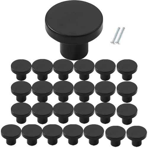 25 Packs of 1-1/5-inch Matte Black Drawers and Cabinet knobs, Round pulls, Suitable for bathrooms, Closets, Kitchens and Dressing Tables
