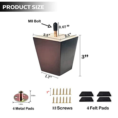 Sofa Legs Square Bed Feet 3 inch Wood Replacement Leg for Furniture Set of 4, Dark Brown… - color: 4sets, size: 3inch