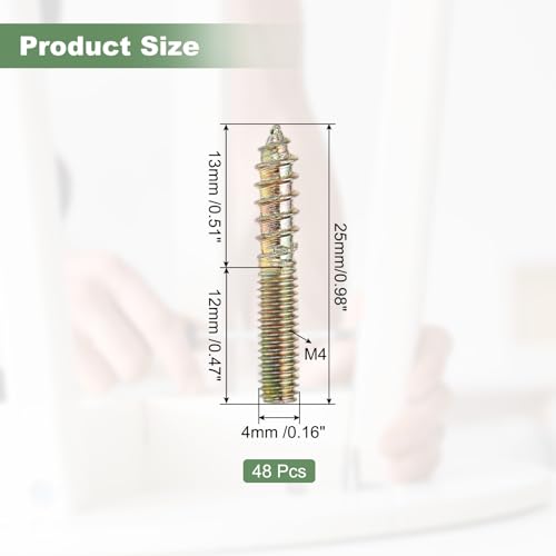 M4 Hanger Bolts, 1"(25mm) Length Double Headed Bolts Self-Tapping 4mm Screw Wood Dowel Screw Bolt Furniture Accessories - Fitting for (Wood Joint Furniture Legs) 48 Pcs - size: M4 x 25mm
