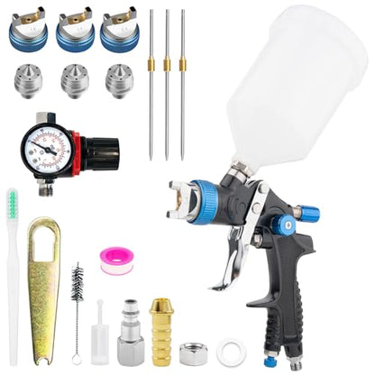 HVLP Paint Spray Gun, Air Gravity Feed System with 3 Nozzles 1.4/1.7/2.5mm & Regulator for Efficient, Automotive Paint Gun for Car, House Painting, Furniture, Wall, Shed, Fence Painting - color: 1.4/1.7/2.5mm Blue