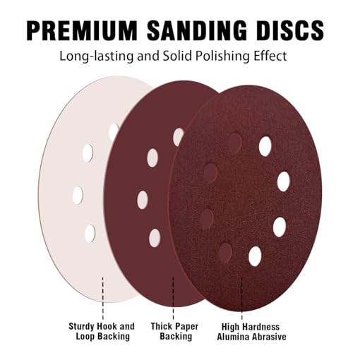 44 Pack 5 Inch 8-Hole Hook and Loop Sanding Discs Sandpaper Red Round 60 Grit Sandpaper for Random Orbital Sander - style: 60 Grit 44-Pack