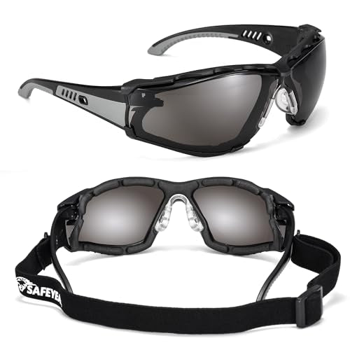 SAFEYEAR Safety Glasses Anti Fog Scratch Resistant ANSI Z87.1 CE Protective Eyewear with Foam Gasket Adjustable Strap - color: Tinted Black & Grey