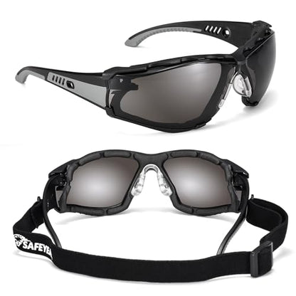 SAFEYEAR Safety Glasses Anti Fog Scratch Resistant ANSI Z87.1 CE Protective Eyewear with Foam Gasket Adjustable Strap - color: Tinted Black & Grey