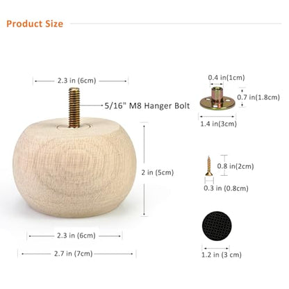 2 Inch Wood Furniture Legs Set of 4 Round Bun Feet Dresser Cabinet Sofa - size: 2inch