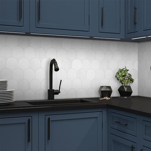 10-Sheet Fish Scale Peel and Stick Backsplash Tile, 11.4" x 10.9" Stone Composite Scallop Handmade Looks Self-Adhesive Wall Tiles for Kitchen Bathroom, White Mixed - color: White Mixed, size: Fish Scale