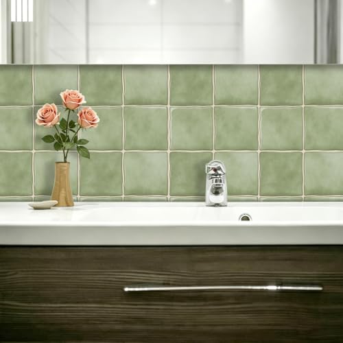 10pcs Peel and Stick Light Green Backsplash Tiles – 7.87in x 7.87in Self-Adhesive Kitchen Wall Tiles, Bathroom Wall Panels, Modern DIY Stick On Tiles, Home Decor - color: Muted green