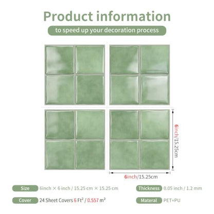 4 Pack Pale Sage Green Square Peel and Stick Wall Tiles, 6"x6" - color: Pale Sage Green, size: 4 Pcs 6" x 6" x 0.05"