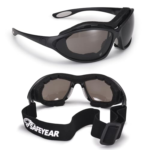 SAFEYEAR Safety Glasses Anti Fog Scratch Resistant ANSI Z87.1 CE Protective Eyewear with Foam Gasket Adjustable Strap - color: Smoke Lens