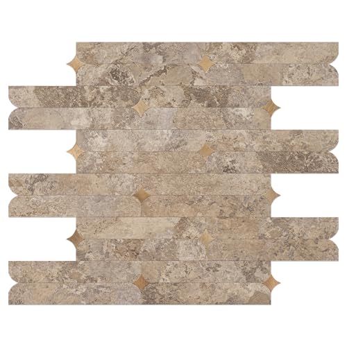 Peel and Stick Backsplash Tiles, Beige Slate Mixed Gold Stellate Self-Adhesive PVC Metal Mosaic Tiles for Kitchen & Bathroom (10 Sheets) - color: Beige Slate Mixed Gold Stellate