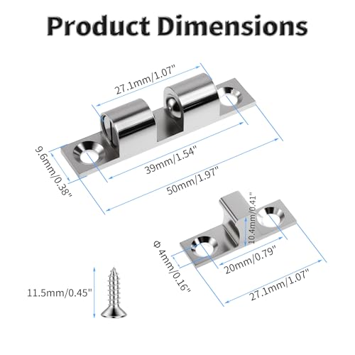 2 Pcs 50mm Adjustable Double Ball Catch, Brass Cabinet Door Latch - size: 50mm