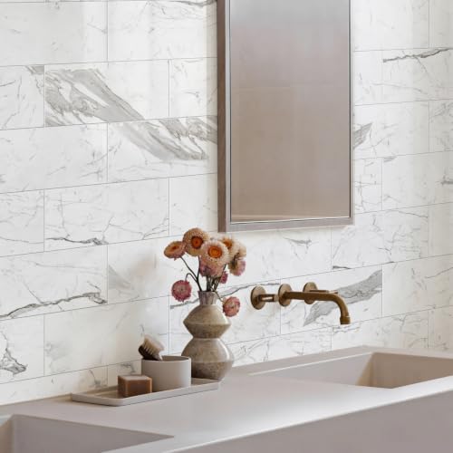Vamos Tile Peel & Stick Backsplash on Subway Tile,22-Pack 6''x12'',Glossy - color: Carrara White with White Grout